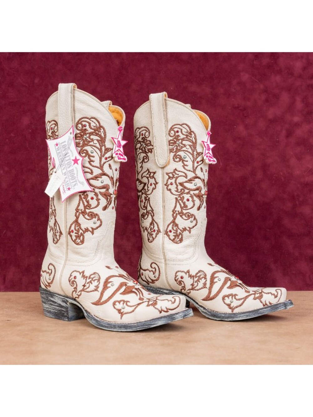 Los Altos Wmn Swarovski Rhinestones Bone Leather Snip Western Cowboy Boots 5